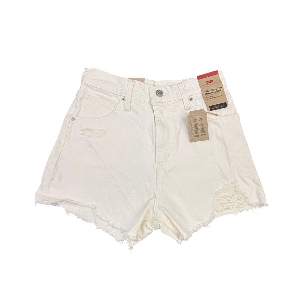 Levi's High-Waisted Mom Shorts Womens 26 White Distressed Denim Cutoff Raw Hem